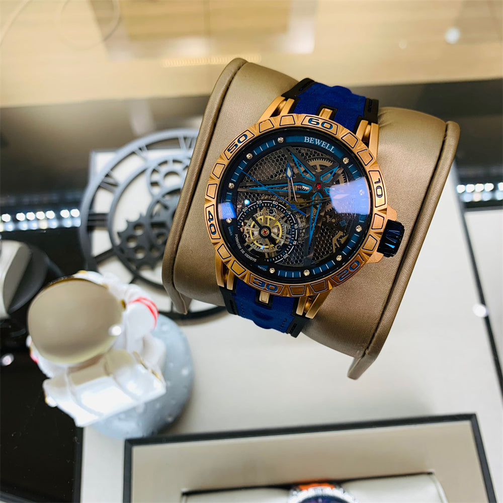 Stainless Steel Watch with Star-Shaped Skeleton Dial and Transparent Back