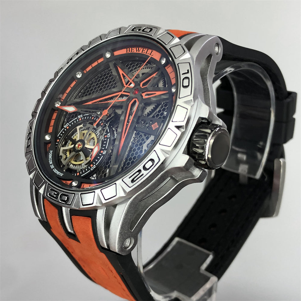 Stainless Steel Watch with Star-Shaped Skeleton Dial and Transparent Back