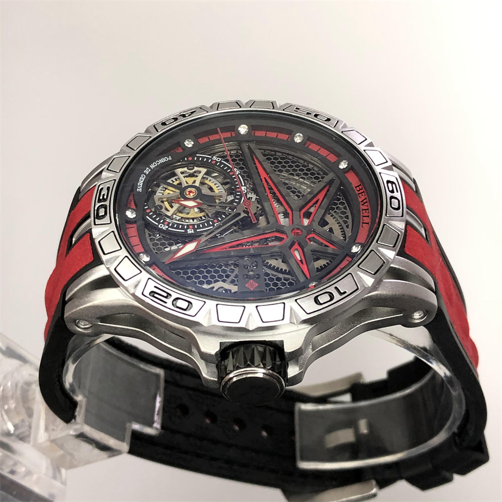 Stainless Steel Watch with Star-Shaped Skeleton Dial and Transparent Back