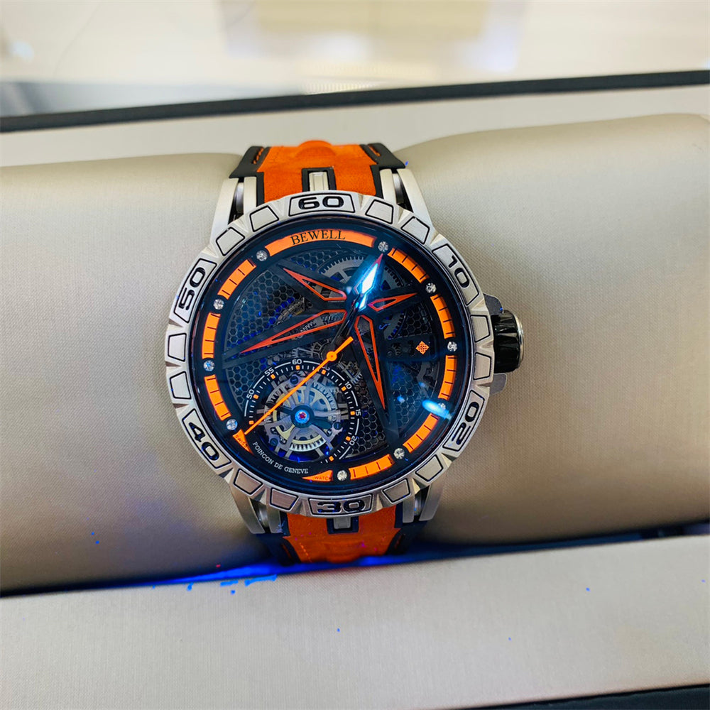 Stainless Steel Watch with Star-Shaped Skeleton Dial and Transparent Back