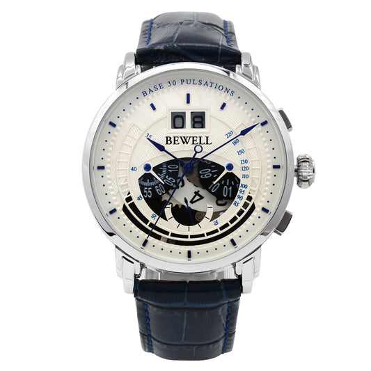 Minimalist Large Dial Multifunction Stainless Steel Watch with Leather Strap