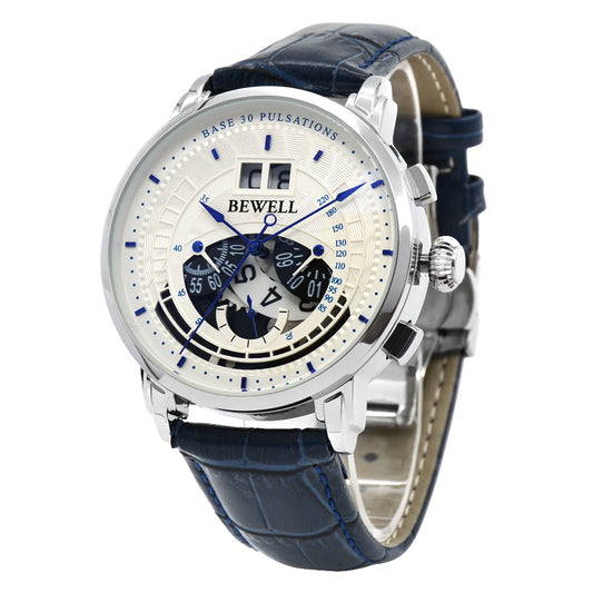Minimalist Large Dial Multifunction Stainless Steel Watch with Leather Strap